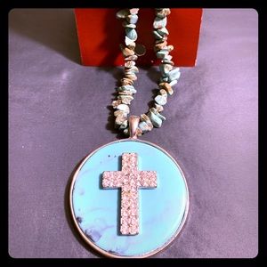 Enamel and turquoise rhinestone cross necklace